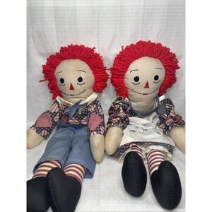 Vintage Raggedy Ann and Andy Plush Doll Set Red Yarn Hair‎ Patchwork Outfits